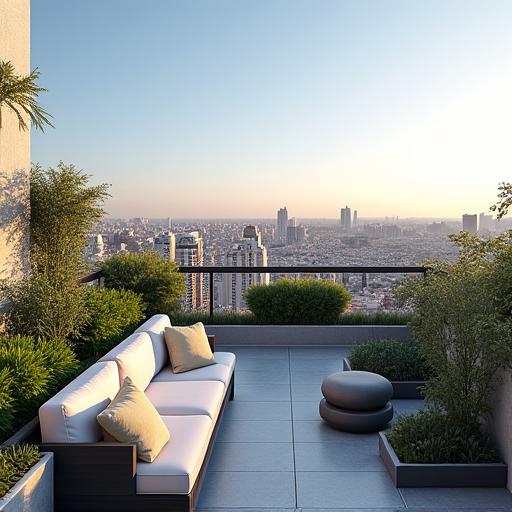 Terraza en unático con vistas panorámicas de Madrid.