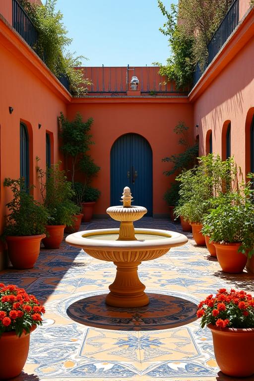 Patio con una fuente central, azulejos y macetas con flores.