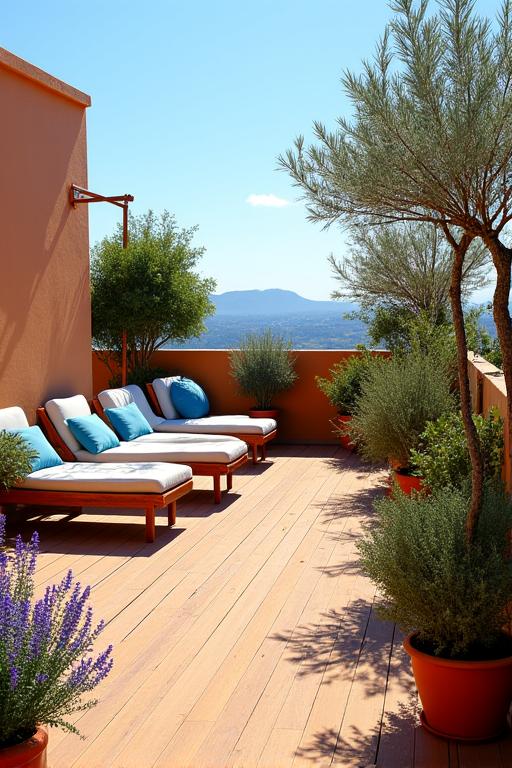 Ático con plantas mediterráneas, suelo de madera y una zona de descanso.