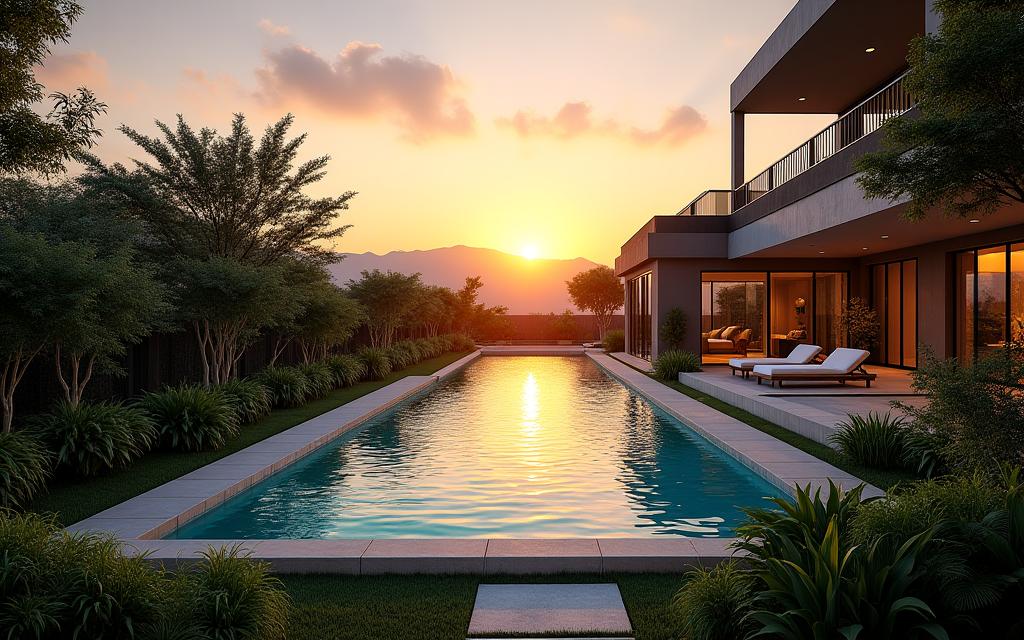Vista panorámica de un jardín moderno y lujoso con una piscina y vegetación exuberante al atardecer.