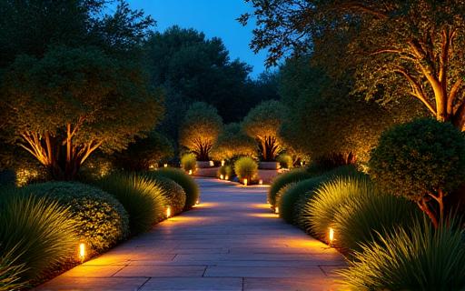 Jardín elegantemente iluminado por la noche.