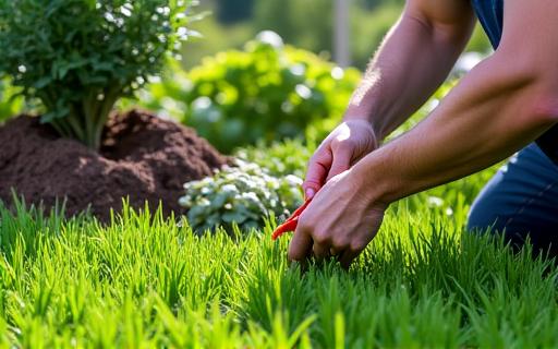 Equipo de jardineros instalando césped y plantas.