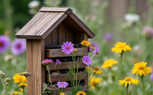 Hotel para insectos en un jardín con flores silvestres.